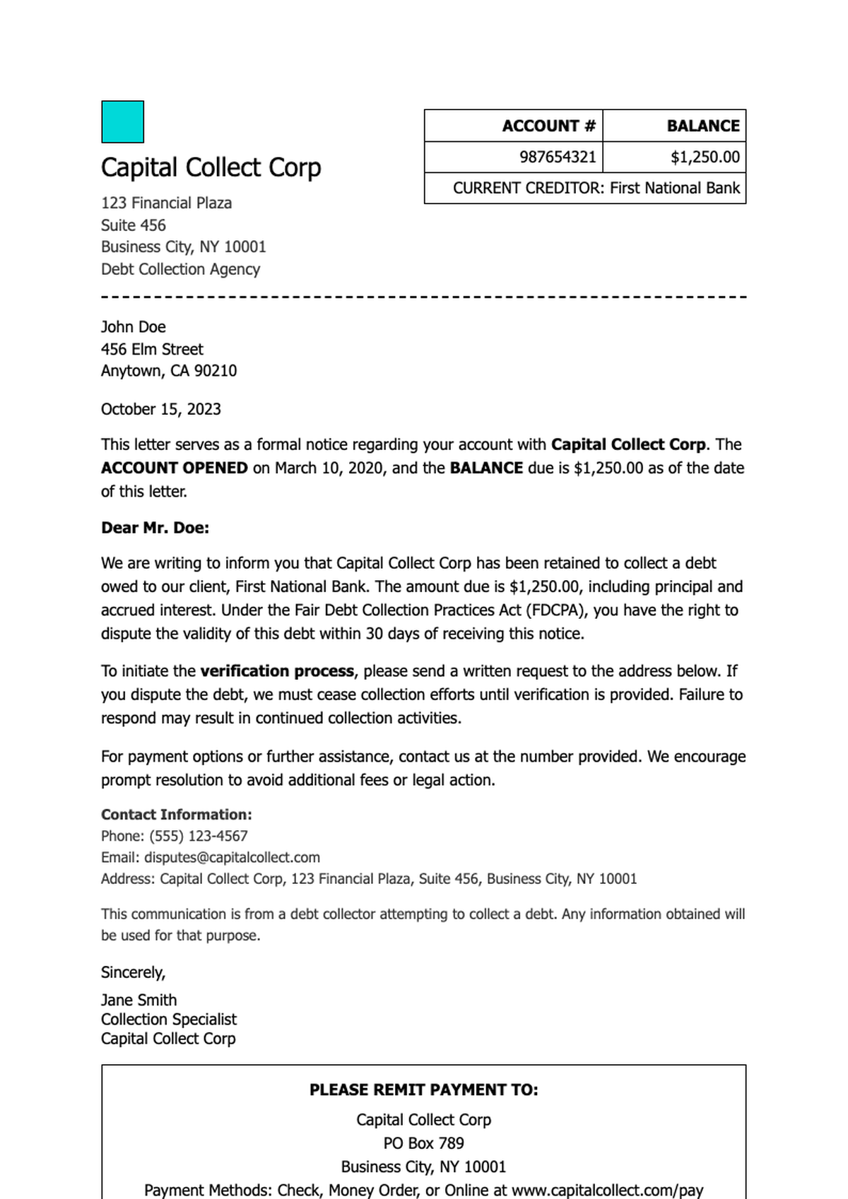 Formal debt collection letter from Capital Collect Corp with account details and payment_variant_3